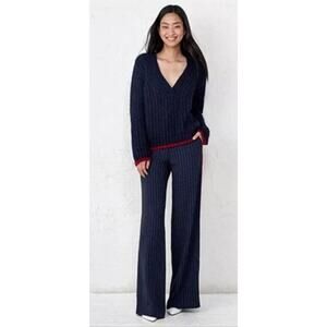 La Ligne Women's Fuzzy Wuzzy V-Neck Alpaca Sweater Navy/Red Small MSRP $395